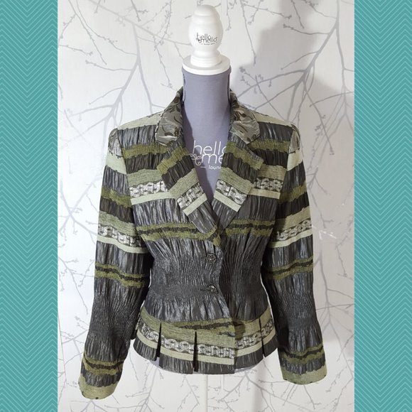 Uptown Girl Metallic Gray & Green Eclectic Striped Crinkle Button Front Blazer - Picture 1 of 6